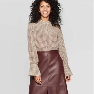 Houndstooth Plaid High Neck Bell Sleeve Blouse